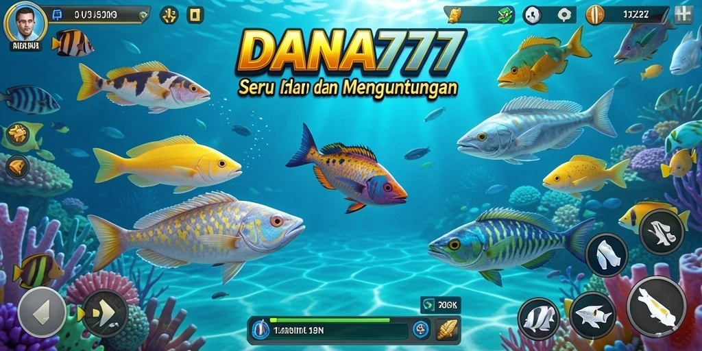 Gambar layar utama DANA777 menunjukkan aksi menembak ikan yang seru.