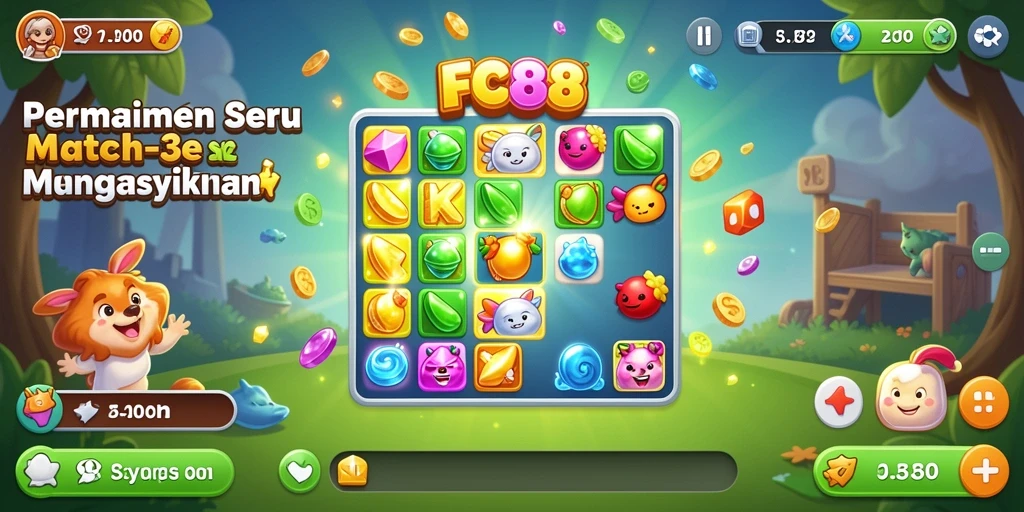 Screenshot gameplay FC888 menunjukkan keseruan mencocokkan item Match-3.