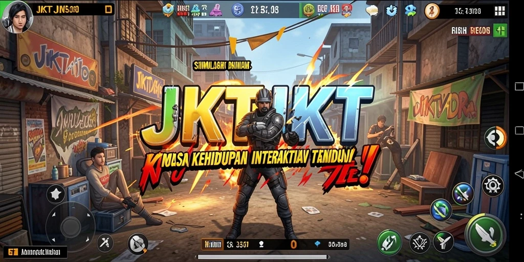 Screenshot gameplay JKTJKT menampilkan karakter dalam simulasi kehidupan.