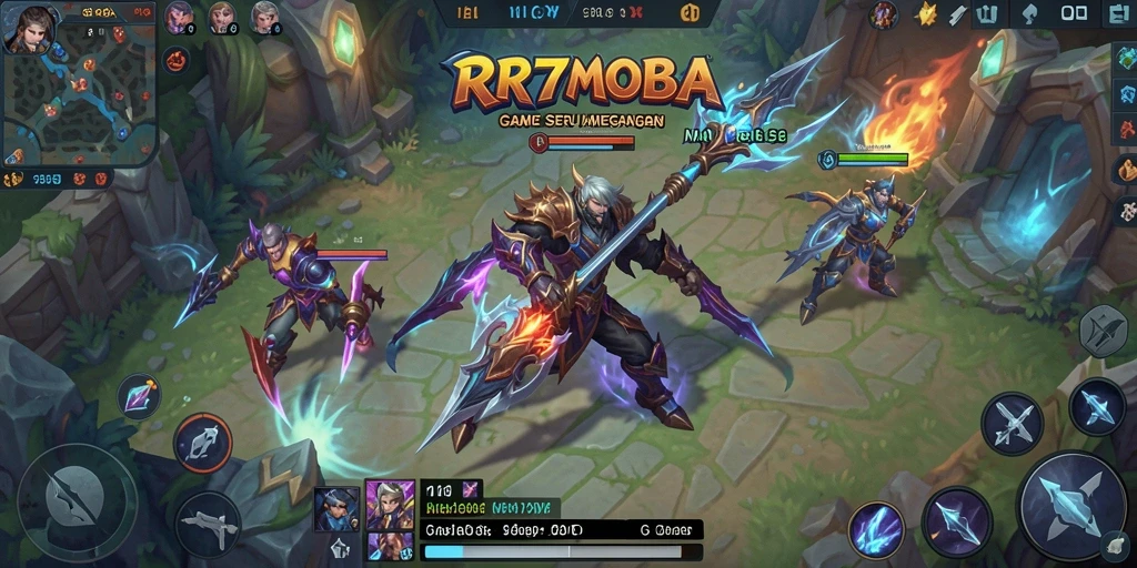 Screenshot gameplay MOBA yang menampilkan pertempuran epik di RR777.
